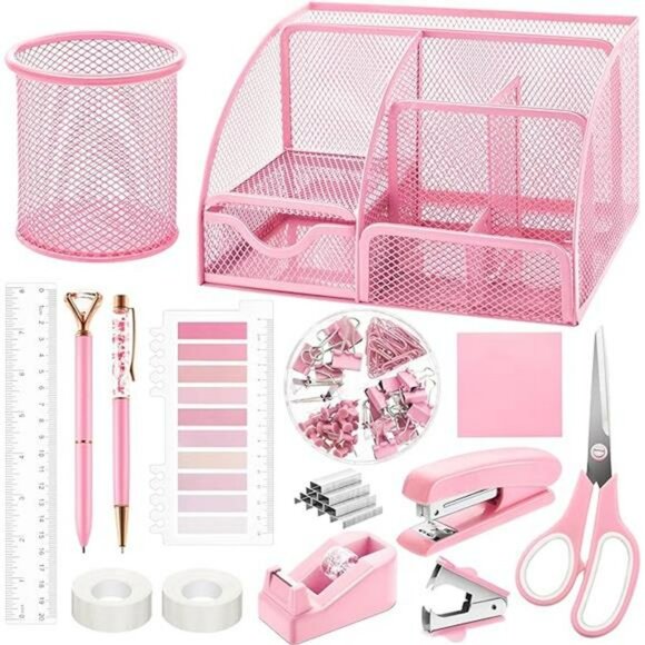 Pink office supplies set desk organizer stapler tape dispenser clips scissors - Picture 8 of 8